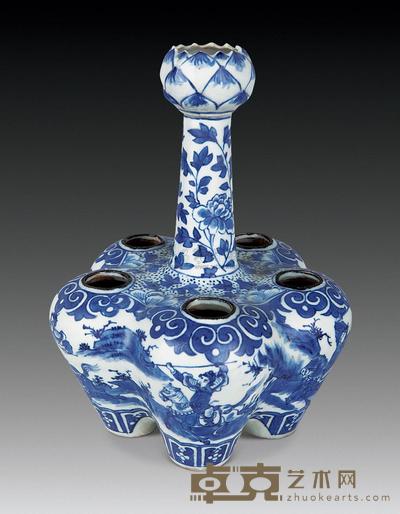 清 青花三国故事五管瓶 高23cm