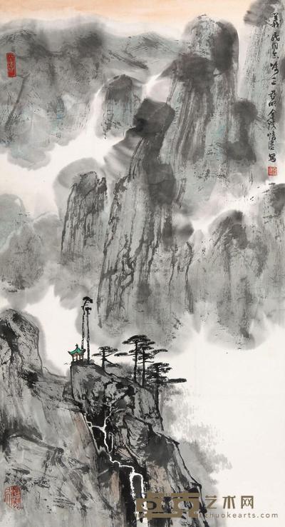 亚明 峰峦松瀑图 镜心 87.5×48cm