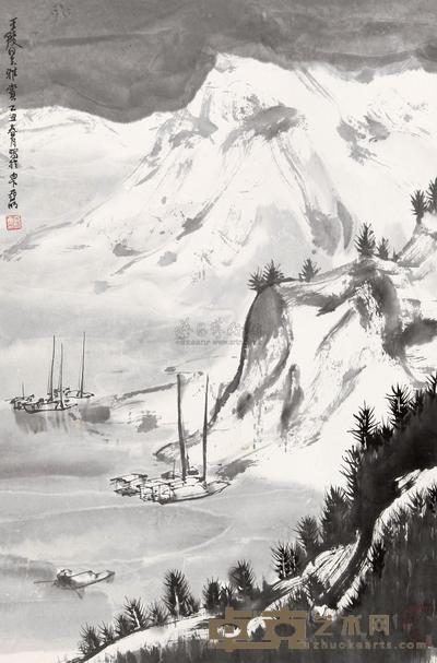 亚明 雪夜静泊图 立轴 68×44.5cm