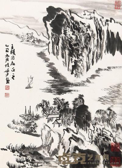 陆俨少 湖山泛舟图 镜心 60×42cm