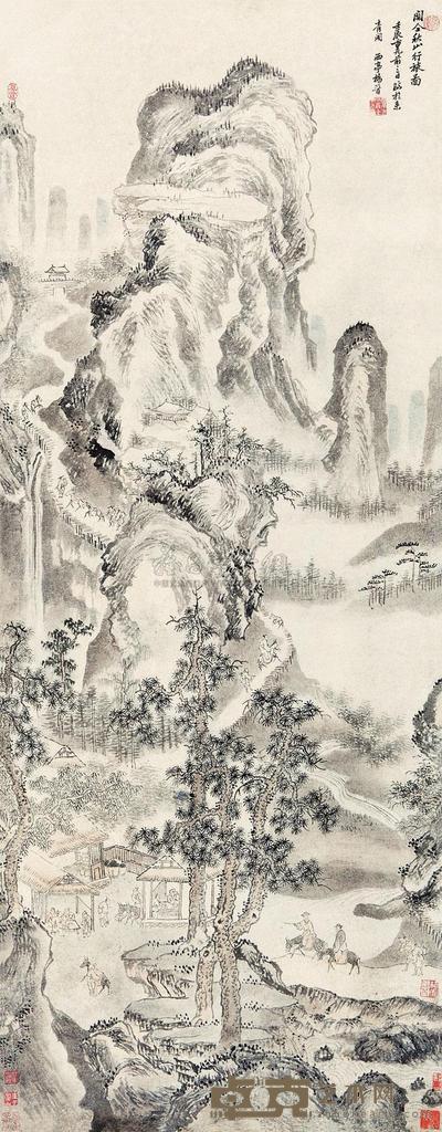 杨晋 关仝秋山行旅图 立轴 122.5×47.5cm