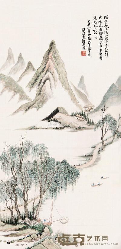 秦潜 湖山绿荫垂钓图 立轴 67.5×33cm