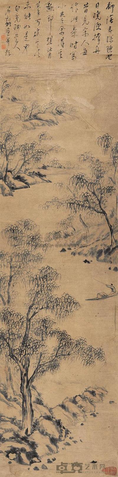 石溪 (款) 柳荫行舟图 立轴 186×46.5cm