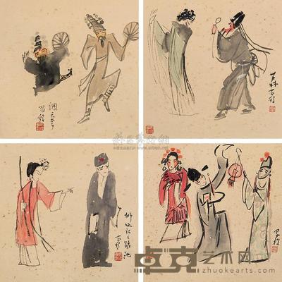 高马得 戏曲人物 （四帧） 镜心 31×32cm×4