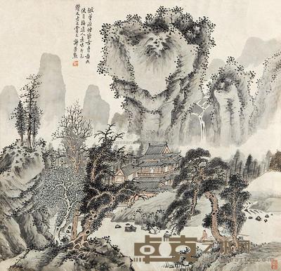 许荣勋 烟峦古寺图 横幅 66×67.5cm