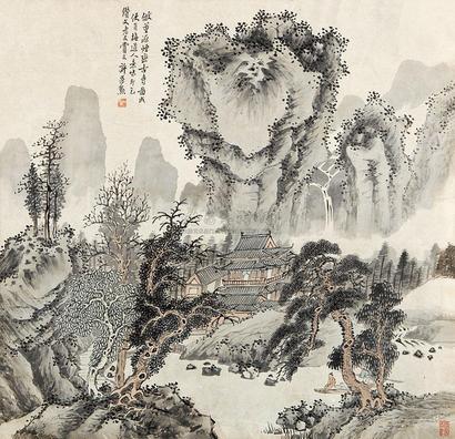 许荣勋 烟峦古寺图 横幅