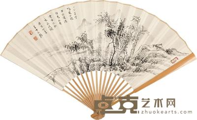 江野 溪湾草堂图 成扇 19×46cm