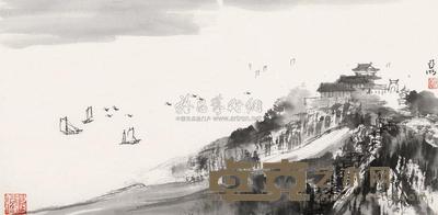 亚明 江阁帆影图 镜心 31.5×63.5cm