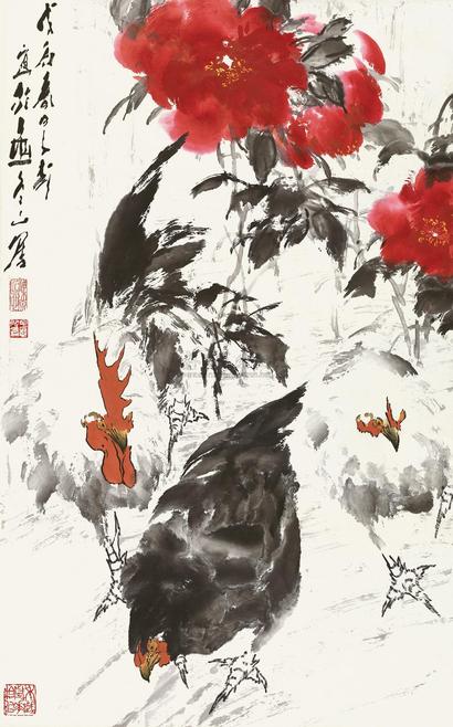 王子武 1988年作 牡丹三吉 镜心