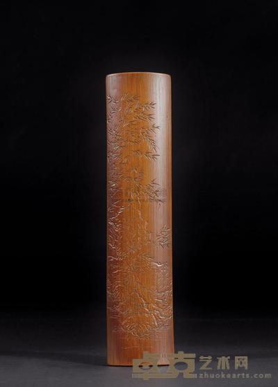 清 竹刻竹石图臂搁 长25.5cm