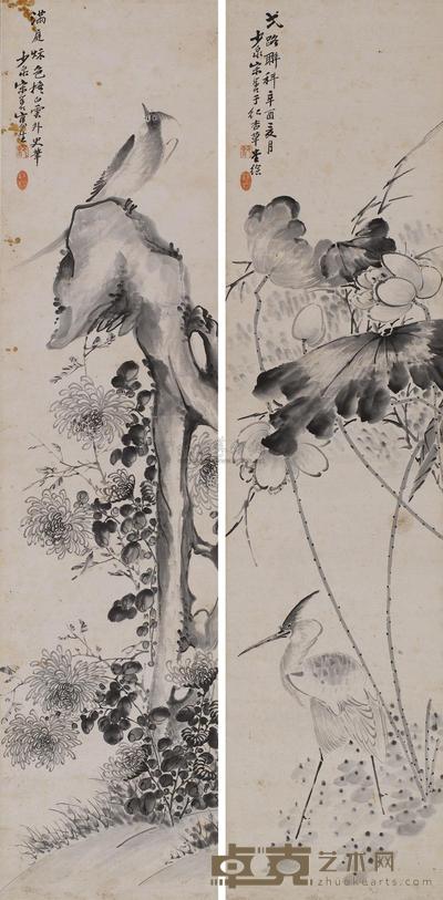 宋学仁 花鸟 对屏 136×33cm×2