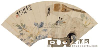 江寒汀 花鸟扇面 镜片 18×47cm