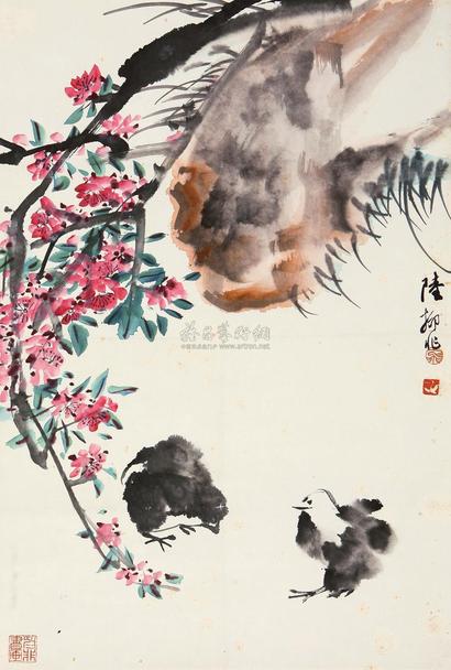陆抑非 桃花小鸡 立轴