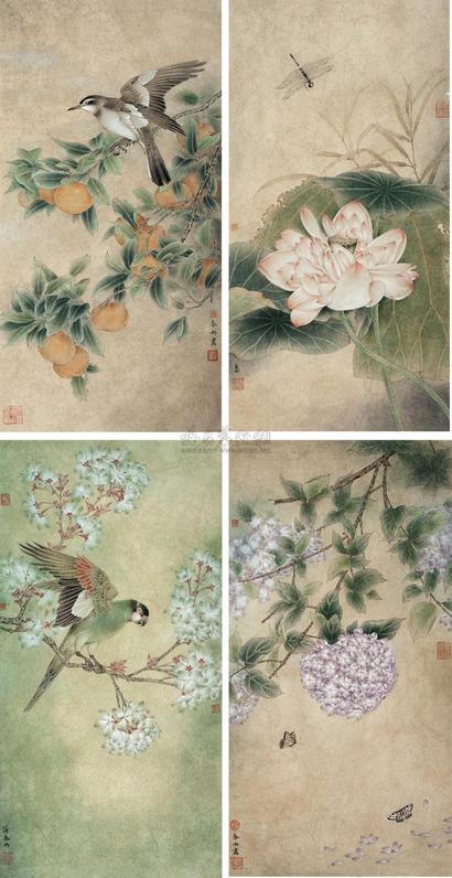 薄春雨 花鸟 （四帧） 镜心