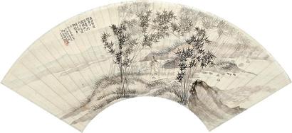 许文熊 竹林曳杖 扇面