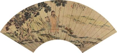 尹铨 曳杖郊游图 扇面