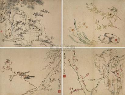 程嘉燧 丙子（1636年）作 花卉竹石 四屏