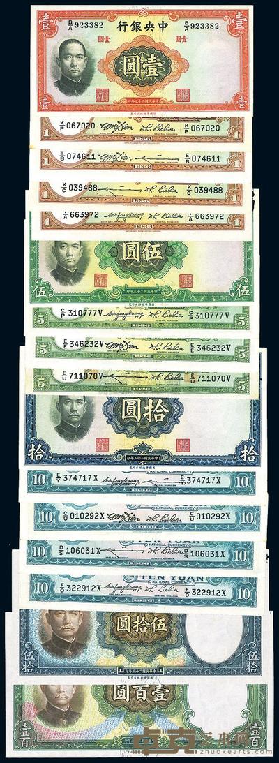 民国25年(1936年) 中央银行华德路版纸币16种不同