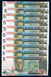 菲律宾（1985-94年）5比索趣味号SC111111、QV222222、EJ333333、NK444444、QU555555、HX666666、QR777777、QR888888、MU999999、KH1000000共10枚大全套