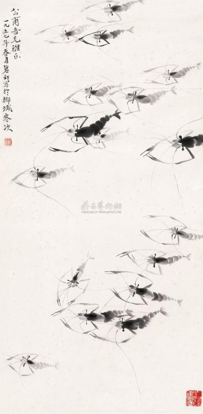 周碧初 1957年作 群虾图 镜框