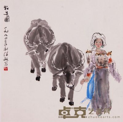 《牧牛图》立轴 68×67cm