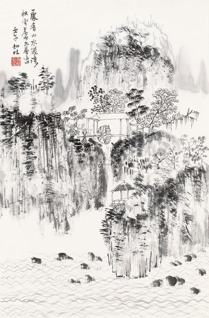 何加林 2002年作 山水 镜心