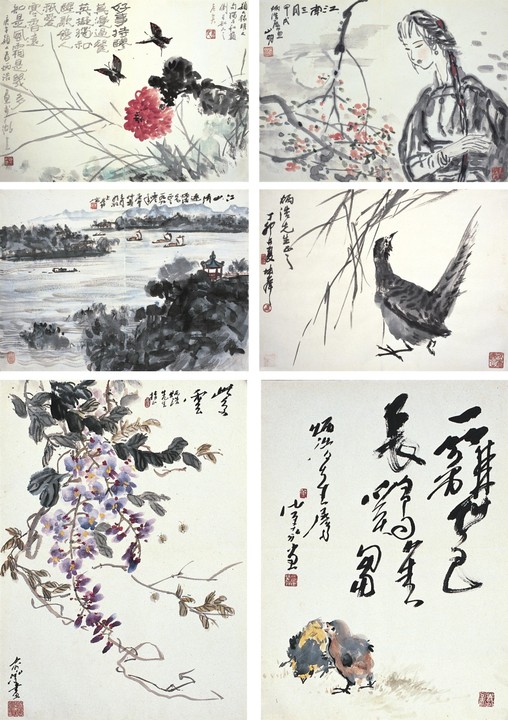 吴山明·卢坤峰·朱颖人·朱恒等      山水人物花鸟册页六开