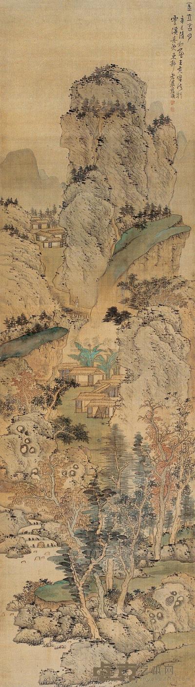 蓝瑛  辛巳（1641年）作 金山含月 立轴 182×52cm
