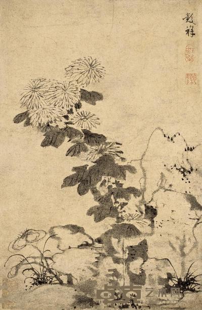 王榖祥 灵芝菊石 立轴 40×26cm