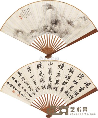 姚钟葆 高邕  壬寅（1902年）作 疏林远岫 行书 成扇 18×52cm