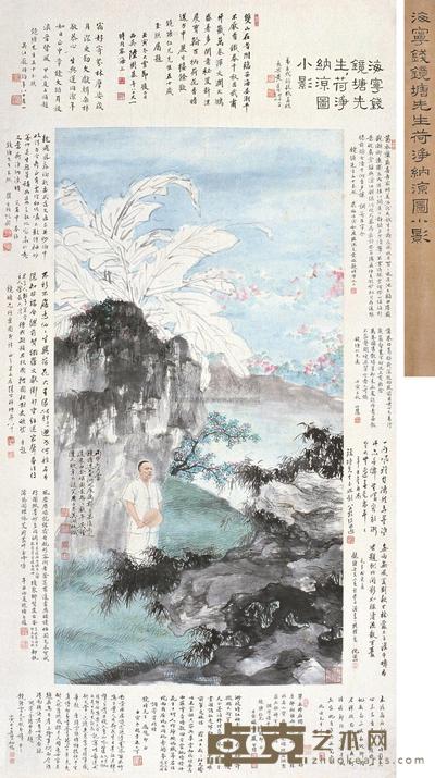 吴湖帆 郑慕康  丙申（1956年）作 庚子（1960年）作 荷静纳凉 立轴 103×53cm