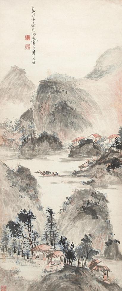 陈率祖 秋涧泛舟图 立轴