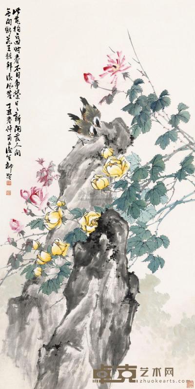 柳滨 1937年作 月季双禽 立轴 133.5×67.5cm