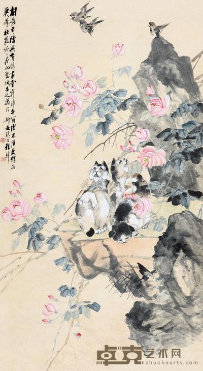 程璋 相戏花阴 立轴 140.5×77.5cm