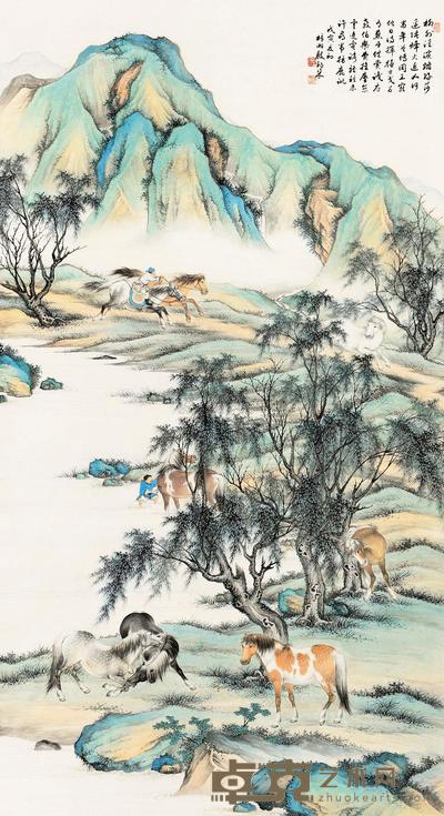 殷梓湘 1938年作 八骏图 立轴 143.5×78.5cm