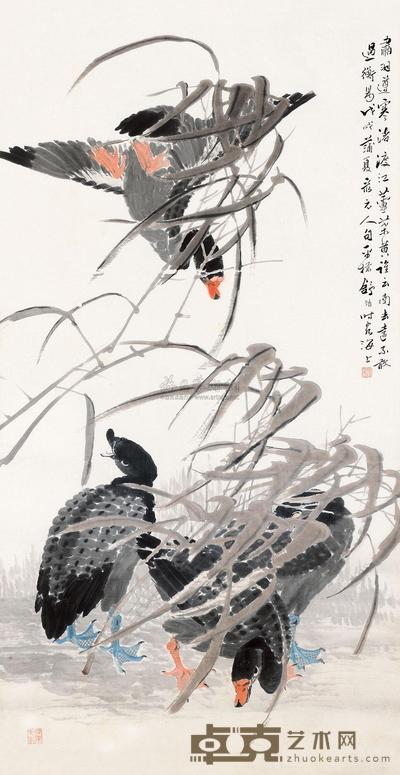 舒浩 1898年作 江芦归雁 镜框 130×67.5cm