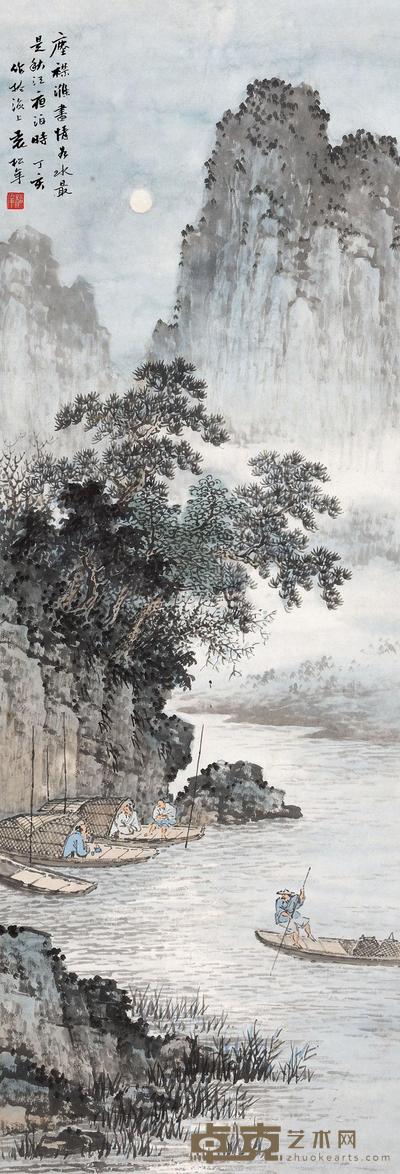 袁松年 1947年作 秋江夜泊 立轴 77×26.5cm