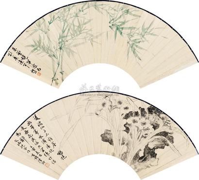 陆抑非 1962年作 幽篁图 水僊图 扇面