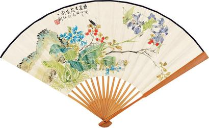 花元 闹春图 隶书 成扇