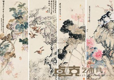 陆抑非 1934年作 四时花鸟 （四幅） 立轴 131×46cm×4