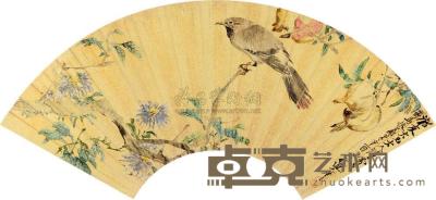 王礼 辛酉（1861）年作 石榴小鸟 扇片 18.5×52cm