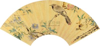 王礼 辛酉（1861）年作 石榴小鸟 扇片