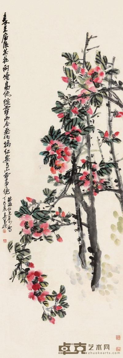 吴昌硕 丁巳（1917）年作 山茶争艳 立轴 154×56cm