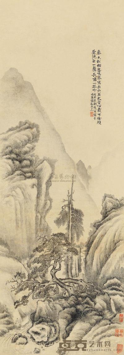 蔡嘉 戊申（1728）年作 松柏鸣琴 屏轴 94×33cm