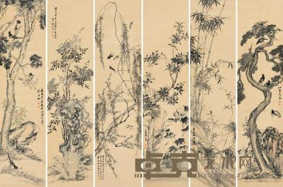 张乃耆 甲午（1834）年作 花鸟集珍 （六幅） 屏轴 214×52cm×6