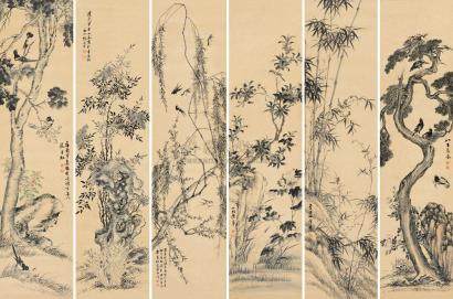 张乃耆 甲午（1834）年作 花鸟集珍 （六幅） 屏轴