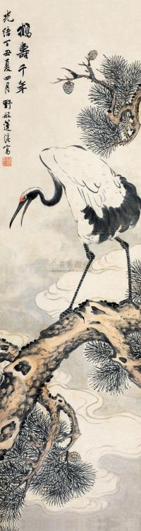 莲溪 丁丑（1877）年作 鹤寿千年 立轴