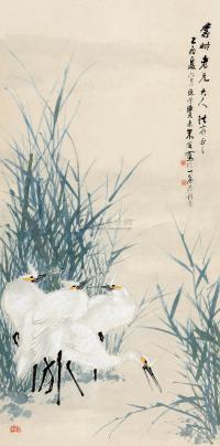 朱偁 乙酉（1885）年作 芦苇白鹭 立轴