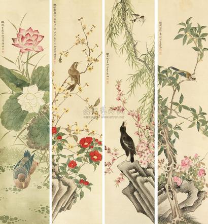 陆抑非 花鸟 四屏