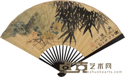 胡公寿 陆润庠 乙亥（1875年）作 竹石书法 成扇 